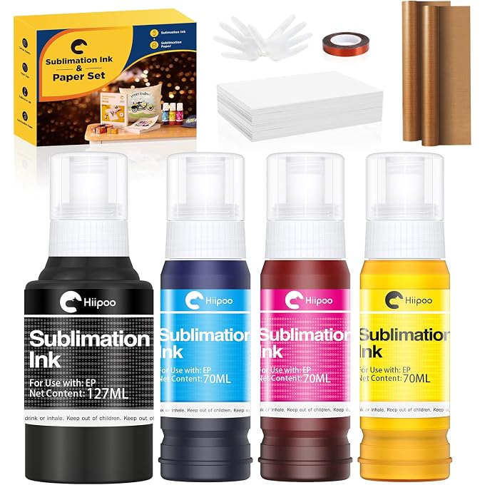 Hiipoo Sublimation Ink Set with 110 Sheet Sublimation Paper 8.5x11â€ 125G, 2 Pack Teflon Sheet, Heat Tape for EcoTank Inkjet Printer ET-2720 ET-2760 ET-2800 ET-2803 ET-2400 ET-4700 ET-4800 ET-15000