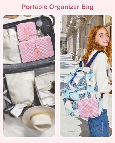 MONSTINA Personalized Initial Makeup Bag with Brush Holder for WomenMonogram Make Up Case for Girlfriend Bridesmaid WifeBirthday Gift for Her Cute Toiletry Bag2PCSPink E - Image 3