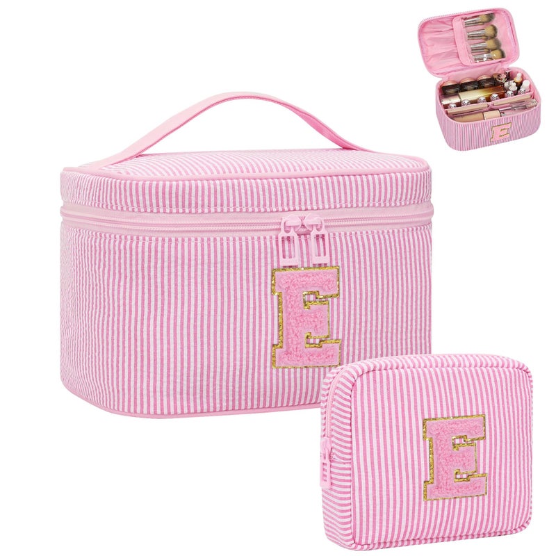 MONSTINA Personalized Initial Makeup Bag with Brush Holder for WomenMonogram Make Up Case for Girlfriend Bridesmaid WifeBirthday Gift for Her Cute Toiletry Bag2PCSPink E - Image 2