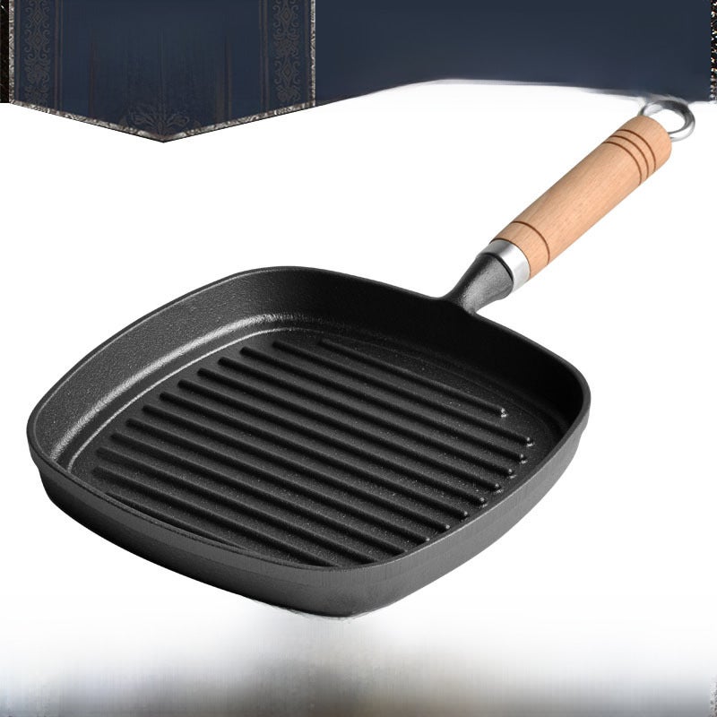 Torres Cast Iron Striped Steak Pan Cast Iron Frying Pan Western Restaurant Frying Fish Grilled Shrimp Grilled Pork Chop Special Pot(22 wooden steak pot) - Image 1