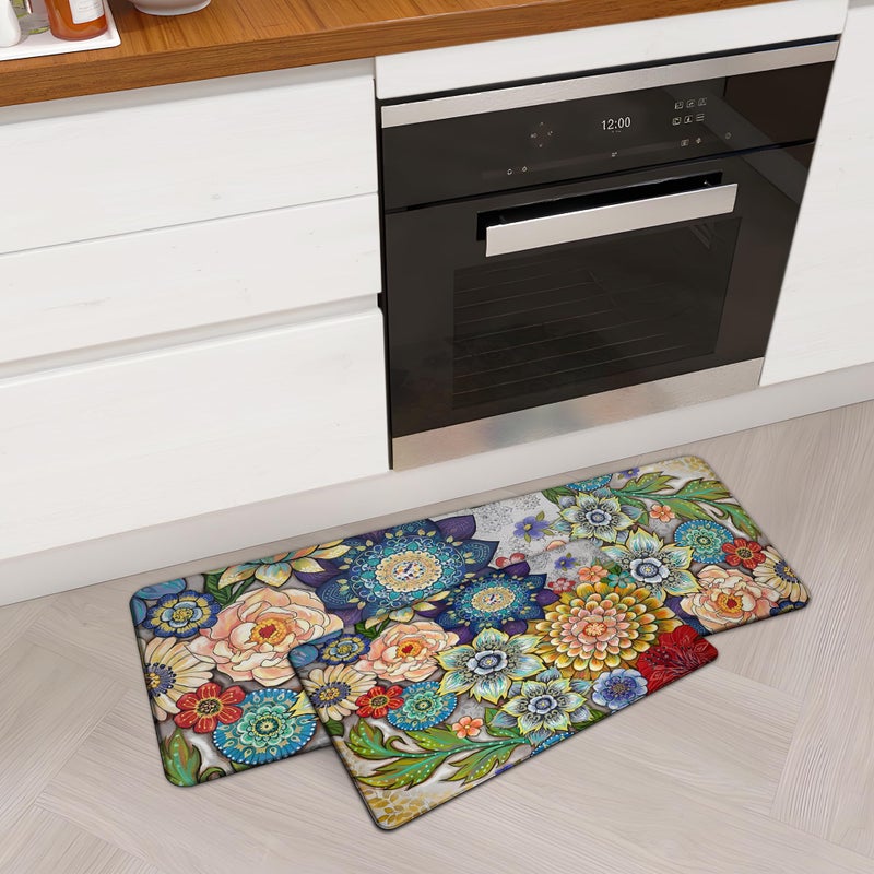 Tubeamin Boho Floral Kitchen Rugs Mats for Floor 2 Piece Cushioned Anti Fatigue Memory Foam Mat Non Slip Standing Desk Padded Comfort Standing Mat 173x28173x47 Inch  12 Inch Thick