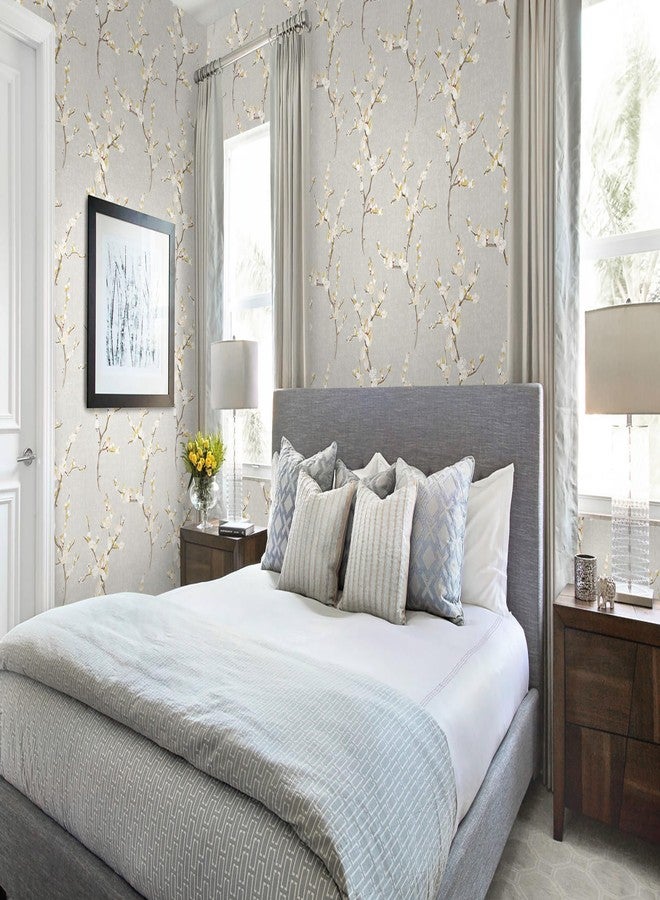 Guvana Peel and Stick Wallpaper Floral Contact Paper Modern Removable Waterproof Wall Paper for Bathroom Bedroom Laundry Room Decor Vintage Grey Yellow Flower Farmhouse Wallpaper Vinyl Roll 17.3×394" - Image 2