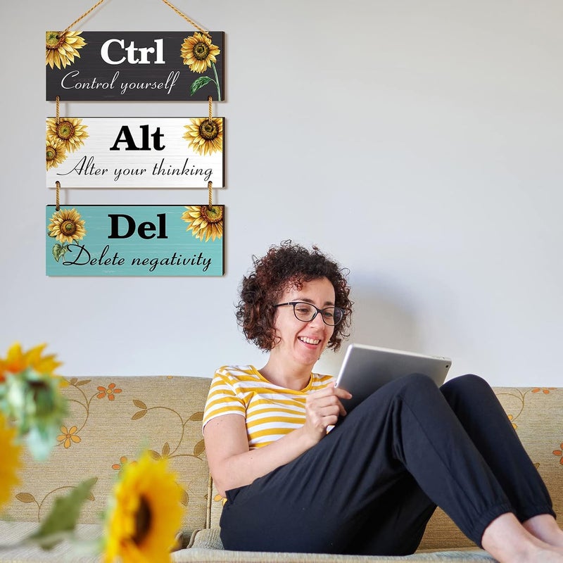 Al Raied ARS® 3 Pcs Sunflower Inspirational Ctrl Alt Del Wooden Wall Decor - Image 4