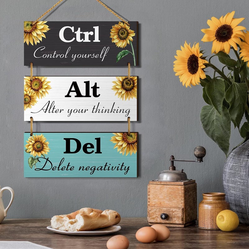 Al Raied ARS® 3 Pcs Sunflower Inspirational Ctrl Alt Del Wooden Wall Decor - Image 2