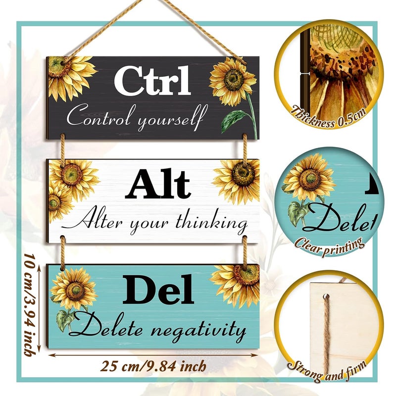 Al Raied ARS® 3 Pcs Sunflower Inspirational Ctrl Alt Del Wooden Wall Decor - Image 3