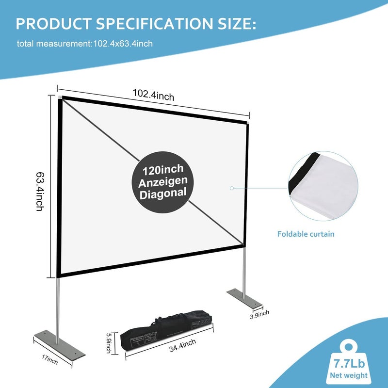 SKERELL Projector Screen with Stand 120 inch Portable Projection Screen 16:9 4K HD Rear Front Projections Movies Screen with Carry Bag for Indoor Outdoor Home Theater Backyard Cinema Travel - Image 2