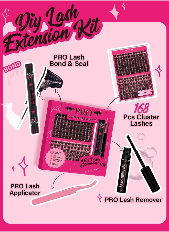 PRO LASHBEAUTY - Lash Extension Kit with 168 Pcs Cluster Lashes Bond and Seal Eyelash Applictor Lash Remover for Beginner(Tender+Glitter Kit) - Image 1