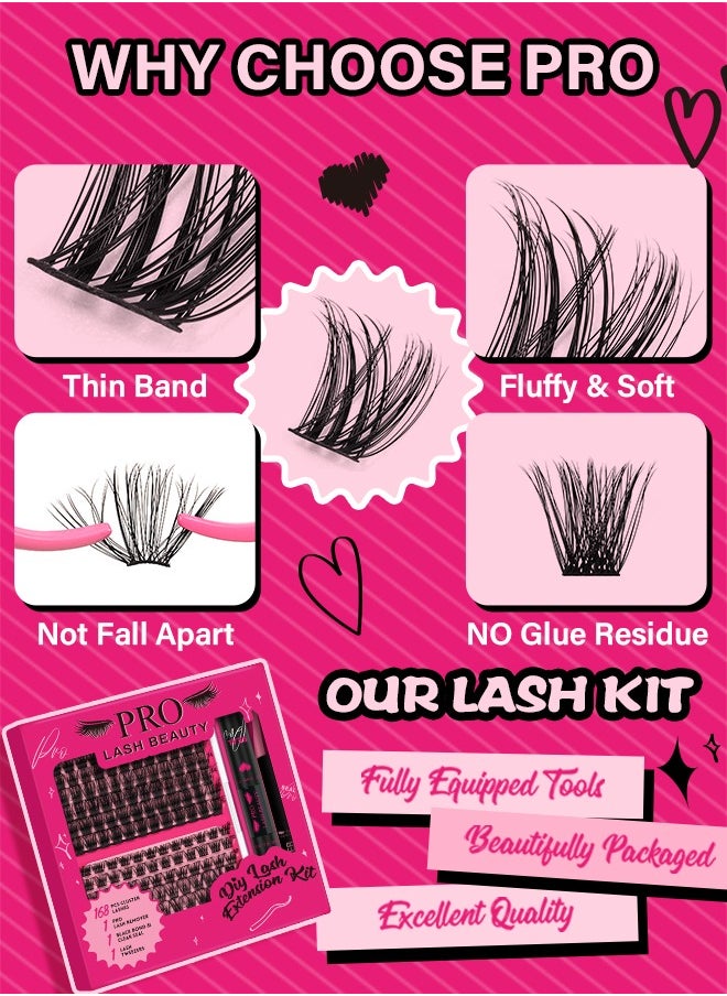 PRO LASHBEAUTY - Lash Extension Kit with 168 Pcs Cluster Lashes Bond and Seal Eyelash Applictor Lash Remover for Beginner(Tender+Glitter Kit) - Image 1
