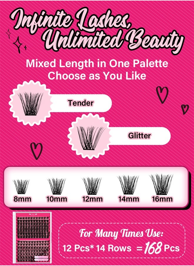 PRO LASHBEAUTY - Lash Extension Kit with 168 Pcs Cluster Lashes Bond and Seal Eyelash Applictor Lash Remover for Beginner(Tender+Glitter Kit) - Image 1