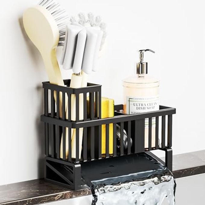 Yieach Rustproof Kitchen Sink Caddy Organizer,Plastic Scrubber,Dish Sponge Holder,Dish Soap Rack & Dispenser,Multifunctional Sponge Drain Rack,Dish Soap Caddy & Storage Organization Accessories,Black