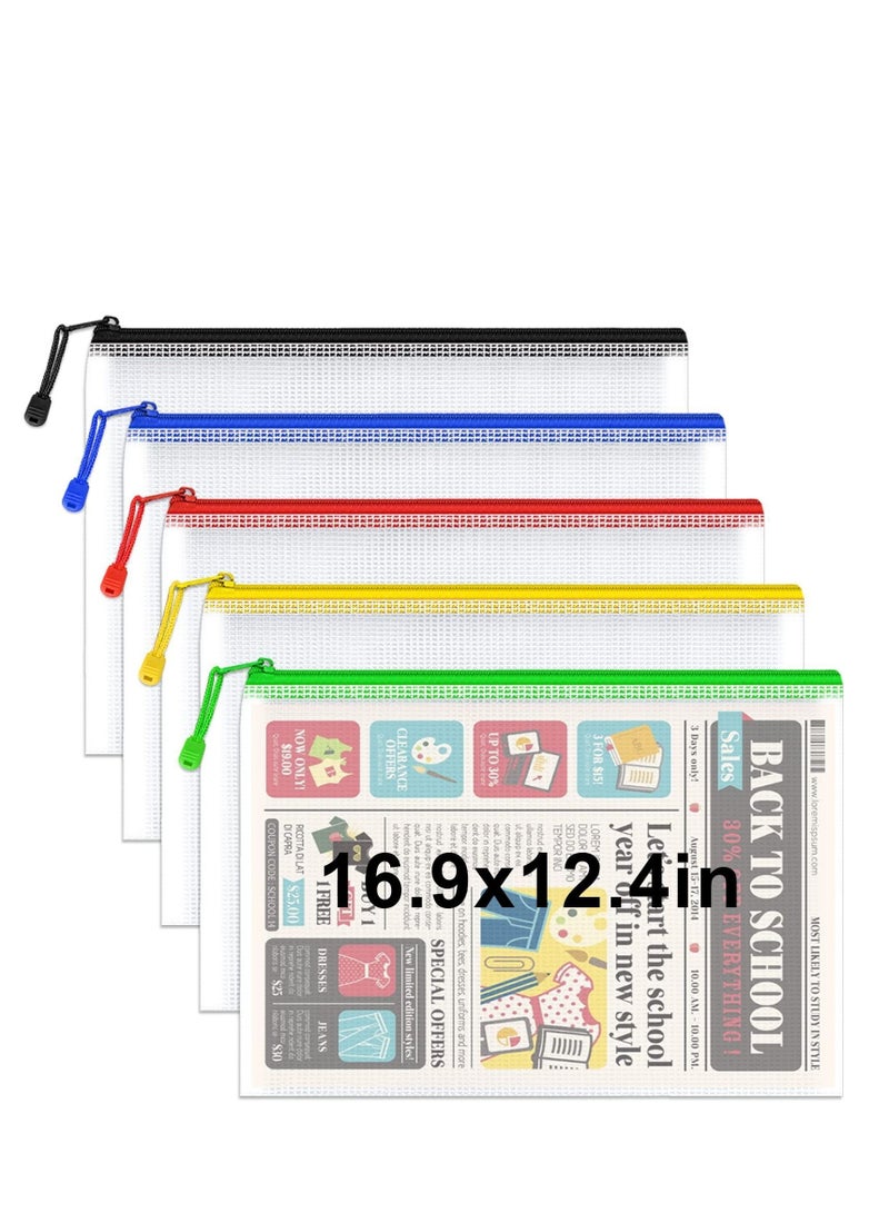 Y&D Zipper Pouch, 5Pcs Extra Thick Mesh Bags, Plastic Waterproof Document Pouch for School Office Supplies and Cosmetics Travel Accessories Mixed Color  - Image 1