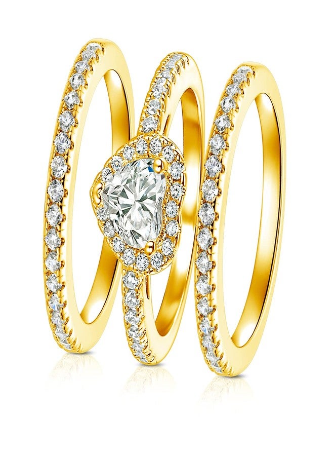 MDFUN Three-in-One Heart Halo Wedding Rings Set Engagement Ring 18K Yellow Gold Plated Cubic Zirconia Band Promise Eternity Ring for Women Size 6 - Image 1