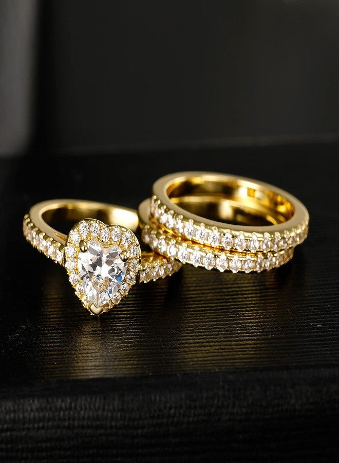 MDFUN Three-in-One Heart Halo Wedding Rings Set Engagement Ring 18K Yellow Gold Plated Cubic Zirconia Band Promise Eternity Ring for Women Size 6 - Image 5