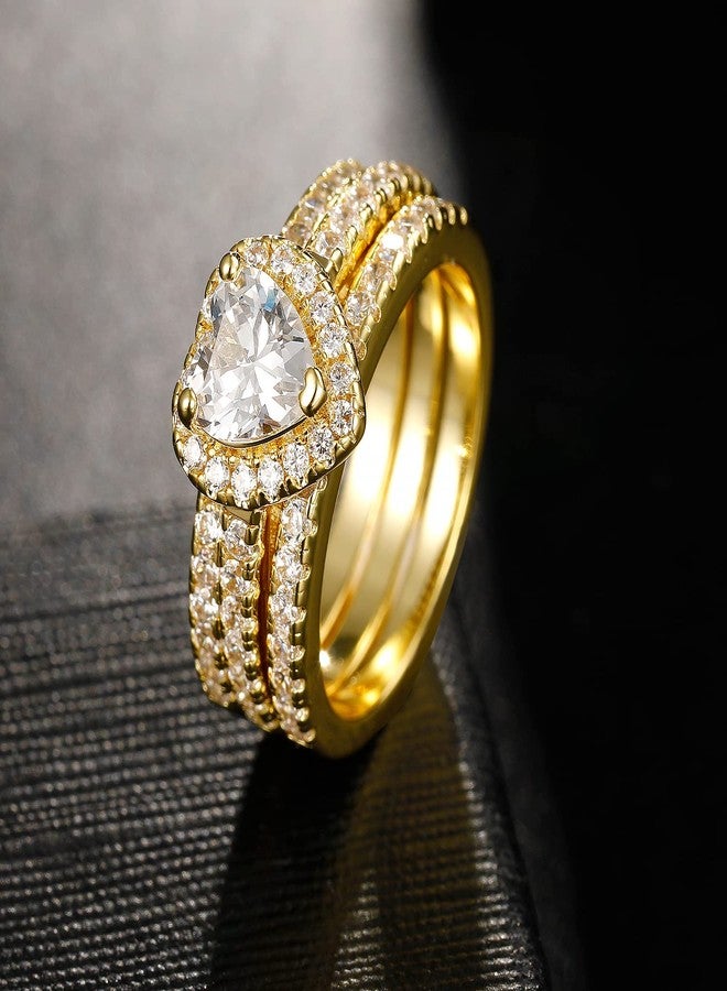 MDFUN Three-in-One Heart Halo Wedding Rings Set Engagement Ring 18K Yellow Gold Plated Cubic Zirconia Band Promise Eternity Ring for Women Size 6 - Image 4