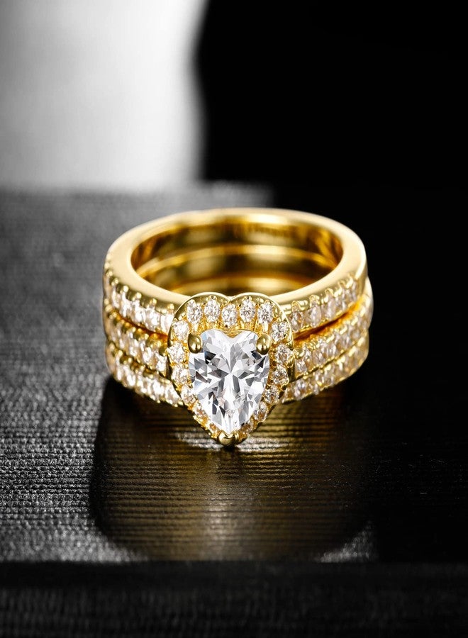 MDFUN Three-in-One Heart Halo Wedding Rings Set Engagement Ring 18K Yellow Gold Plated Cubic Zirconia Band Promise Eternity Ring for Women Size 6 - Image 3