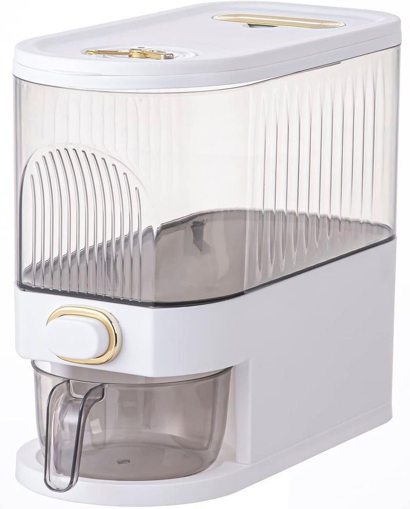 Sooyee 11Lbs Rice Dispenser, Large Grain Container Storage with Lid Measuring Cylinder Moisture Proof Household Cereal Dispenser Bucket for Kitchen Soybean Corn,Clear and White - Image 1