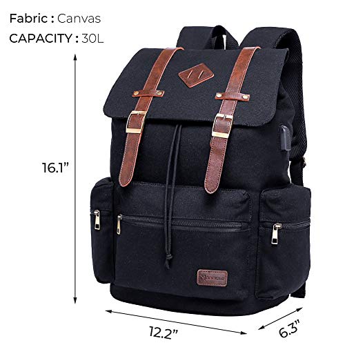 Modoker Mens Canvas Vintage Backpack for Men,Women, Travel Laptop Backpack Fits 17/15.6 Inch Computer & Tablet, Large Bookbag Rucksack Backpack with USB Charging Port, Black - Image 5