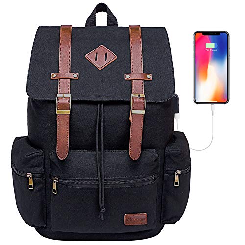 Modoker Mens Canvas Vintage Backpack for Men,Women, Travel Laptop Backpack Fits 17/15.6 Inch Computer & Tablet, Large Bookbag Rucksack Backpack with USB Charging Port, Black - Image 1