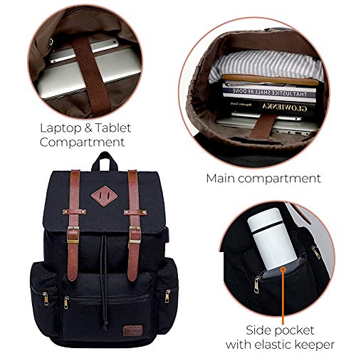 Modoker Mens Canvas Vintage Backpack for Men,Women, Travel Laptop Backpack Fits 17/15.6 Inch Computer & Tablet, Large Bookbag Rucksack Backpack with USB Charging Port, Black - Image 2