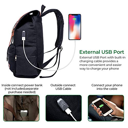Modoker Mens Canvas Vintage Backpack for Men,Women, Travel Laptop Backpack Fits 17/15.6 Inch Computer & Tablet, Large Bookbag Rucksack Backpack with USB Charging Port, Black - Image 4