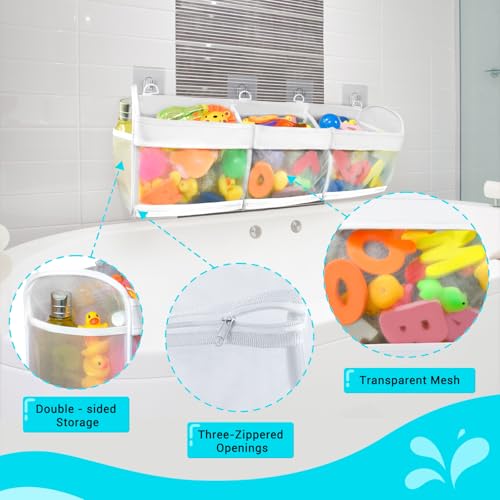 FliipFlaap Bath Toy Storage and Organizer – 3-Compartment Hanging Bathtub Toy Holder with Bottom Zipper, Quick-Drying Mesh Bag, Ideal Bath Toy Holder for Easy Access and Sorting of Toys - Image 2
