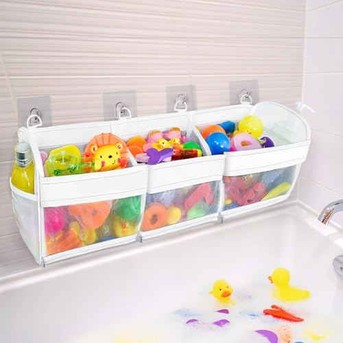 FliipFlaap Bath Toy Storage and Organizer – 3-Compartment Hanging Bathtub Toy Holder with Bottom Zipper, Quick-Drying Mesh Bag, Ideal Bath Toy Holder for Easy Access and Sorting of Toys - Image 1