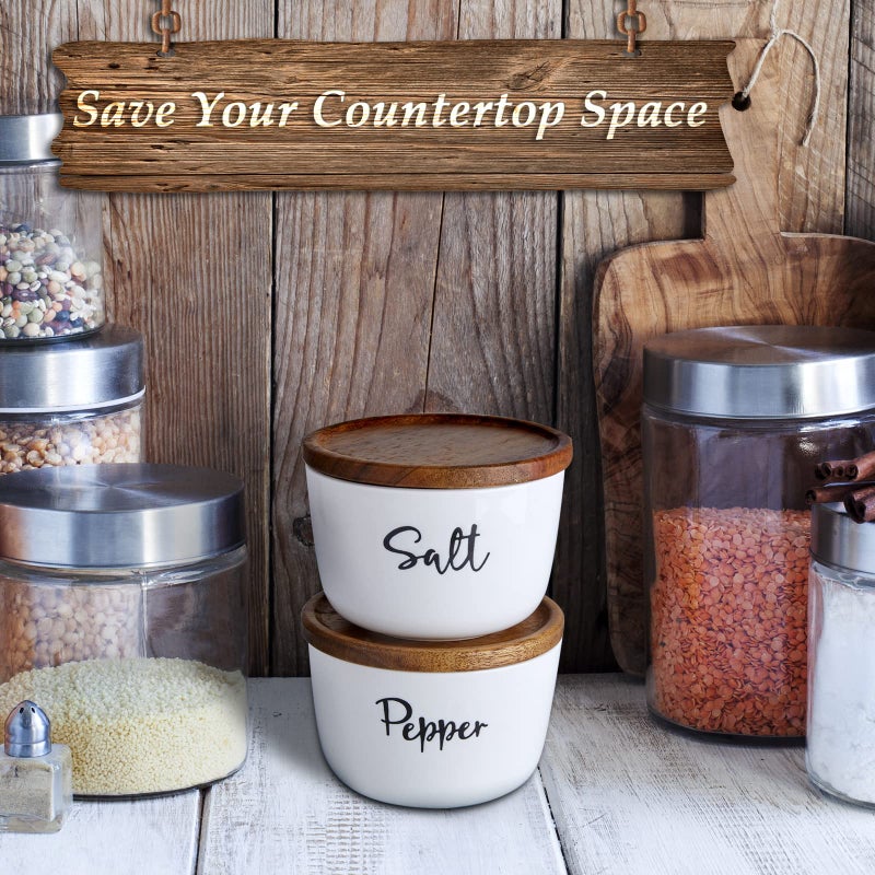 DAYYET Salt and Pepper Bowls, 10 oz Salt Cellar with Lid, Stacked Ceramic Salt Pepper Container with Acacia Wood Lid, Salt Box for Countertop, Modern Kitchen Decor, Set of 2, White - Image 5