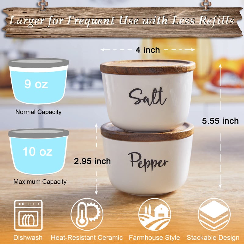 DAYYET Salt and Pepper Bowls, 10 oz Salt Cellar with Lid, Stacked Ceramic Salt Pepper Container with Acacia Wood Lid, Salt Box for Countertop, Modern Kitchen Decor, Set of 2, White - Image 3
