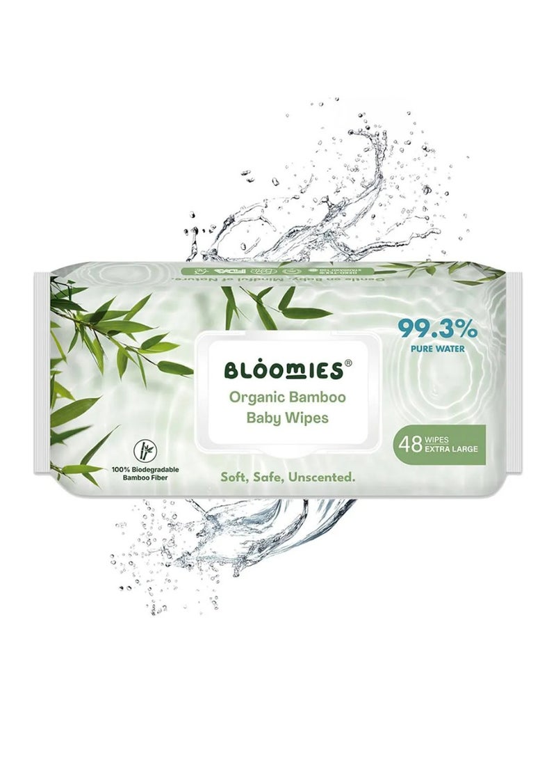 Bloomies Organic Bamboo Baby Wet Wipes, Unscented, 100% Biodegradable Bamboo Fiber, Gentle On Skin, Extra Large, 0 Month+ - 48 Pieces - Image 1