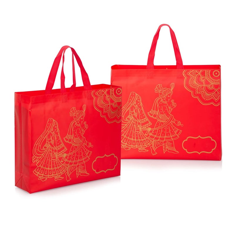 Drapme Wedding Special Reusable NonWoven Laminated Gift Bags Wedding Gifts Shagun Traditional Gifting Saree Mithai Chandi Carry Bag Wedding Red Pack of 10