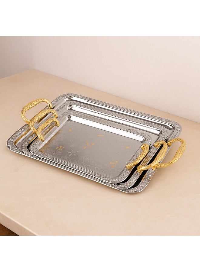 السيف  ✨ طقم صواني تقديم فاخر بثلاث قطع – تصميم معدني أنيق بمقابض ذهبية فخمة - Image 1