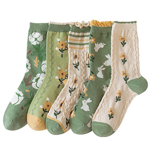 MarJunSep Cute Floral Crew Socks for Women Teen Girls Flower Cottagecore Frilly Vintage Fancy Cotton Socks Green Socks - Image 1