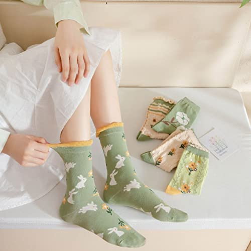 MarJunSep Cute Floral Crew Socks for Women Teen Girls Flower Cottagecore Frilly Vintage Fancy Cotton Socks Green Socks - Image 2