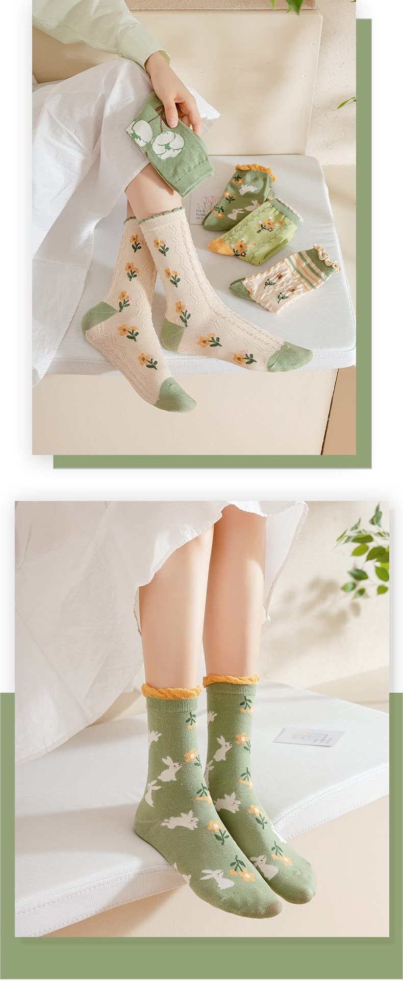 MarJunSep Cute Floral Crew Socks for Women Teen Girls Flower Cottagecore Frilly Vintage Fancy Cotton Socks Green Socks - Image 3