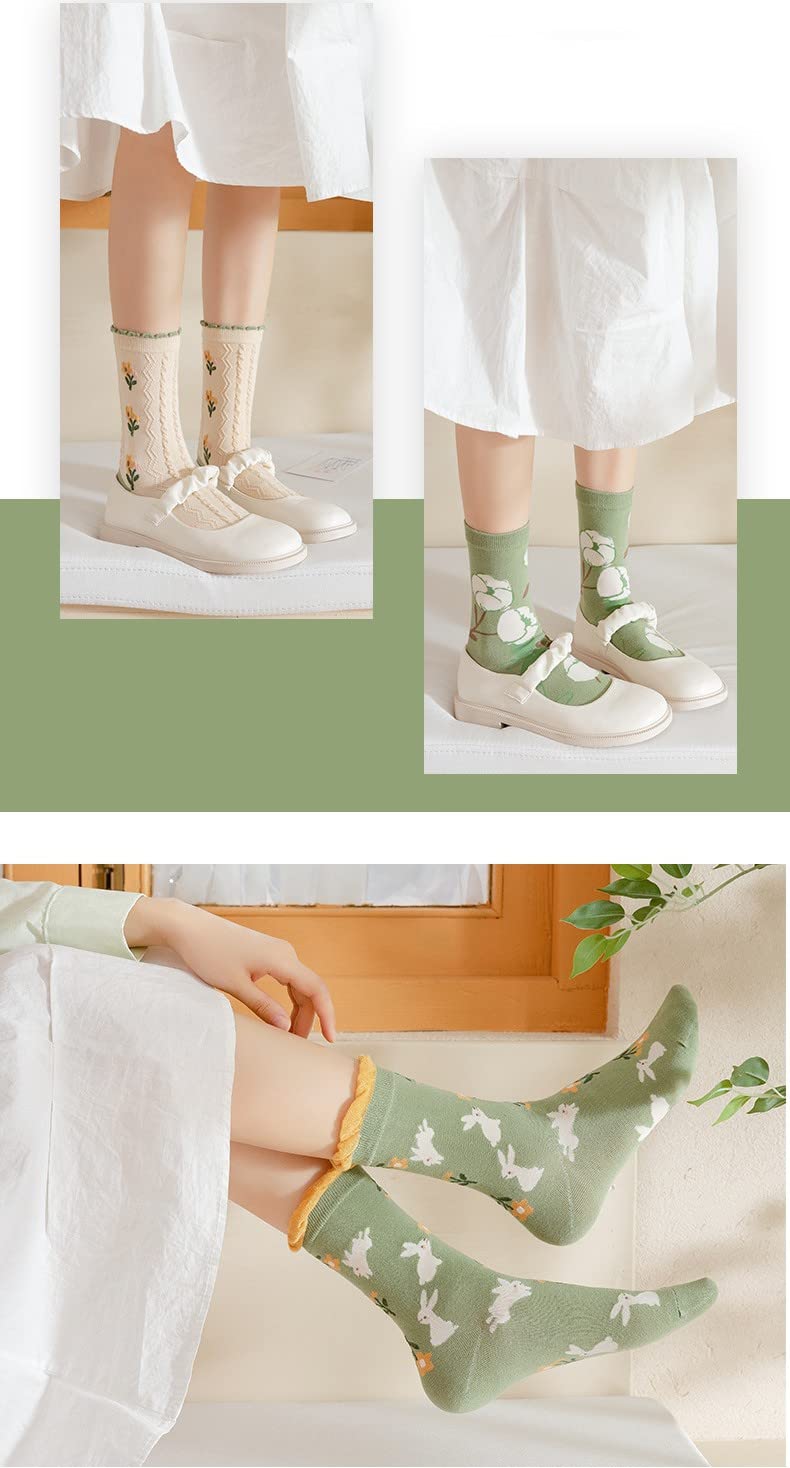 MarJunSep Cute Floral Crew Socks for Women Teen Girls Flower Cottagecore Frilly Vintage Fancy Cotton Socks Green Socks - Image 4