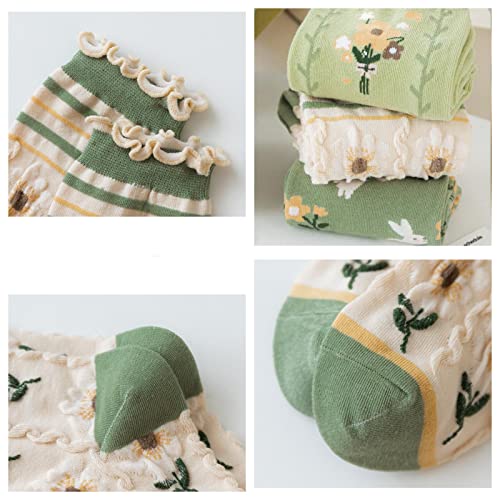 MarJunSep Cute Floral Crew Socks for Women Teen Girls Flower Cottagecore Frilly Vintage Fancy Cotton Socks Green Socks - Image 5