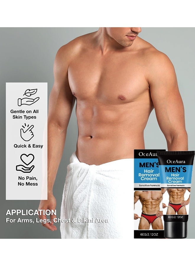 OceAura Men's Hair Removal Cream, Painless Hair Removal Cream For Men, Intimate Hair Removal Cream For Men, Fast-Acting Gentle Depilatory, Intimate & Body Depilatory Cream, Moisturizing Soothing Formula, 60g - Image 2