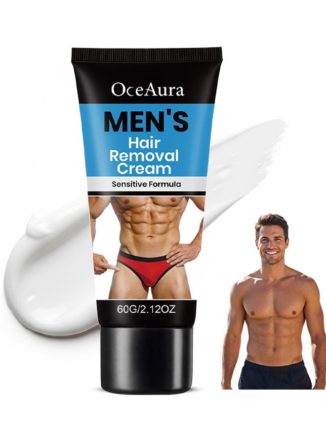 OceAura Men's Hair Removal Cream, Painless Hair Removal Cream For Men, Intimate Hair Removal Cream For Men, Fast-Acting Gentle Depilatory, Intimate & Body Depilatory Cream, Moisturizing Soothing Formula, 60g - Image 1