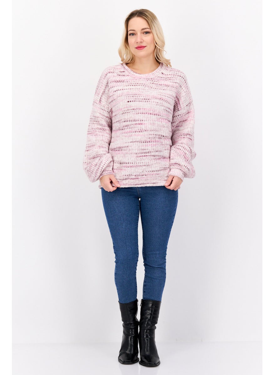 Splendid - Women Round Neck Long Sleeves Knitted Sweater, Pink - Image 1