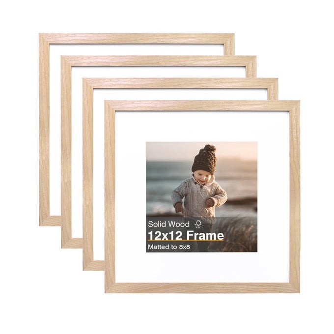 12X12 PICTURE FRAME NATURAL SQUARE SOLID WOOD FRAMES FOR PICTURES 8X8 WITH MAT OR 12X12 WITHOUT MAT WALL DISPLAY PHOTO FRAMES NATURAL WOOD 4 PACK