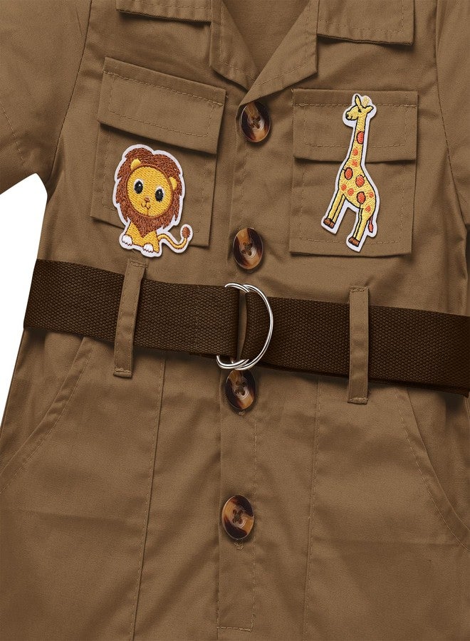 ODOLDI Baby Safari Outfit Wild One Birthday Outfit Girl Short Sleeve Safari Jumpsuit with Hat Toddler Zoo Keeper Brown 2-3 Years - Image 4