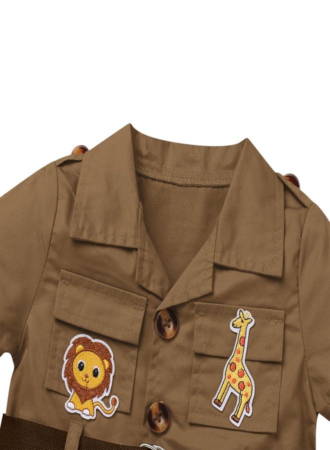 ODOLDI Baby Safari Outfit Wild One Birthday Outfit Girl Short Sleeve Safari Jumpsuit with Hat Toddler Zoo Keeper Brown 2-3 Years - Image 3