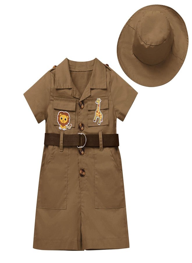 ODOLDI Baby Safari Outfit Wild One Birthday Outfit Girl Short Sleeve Safari Jumpsuit with Hat Toddler Zoo Keeper Brown 2-3 Years - Image 1