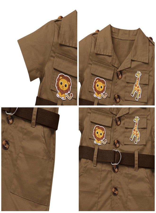 ODOLDI Baby Safari Outfit Wild One Birthday Outfit Girl Short Sleeve Safari Jumpsuit with Hat Toddler Zoo Keeper Brown 2-3 Years - Image 5