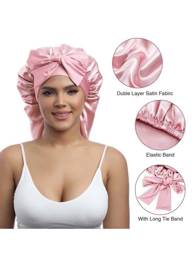 AWAYTR Long Satin Bonnet for Women - Double Layer Elastic Silk Bonnet for Braids Hair Sleeping Cap with Tie Band (Pink) - Image 3
