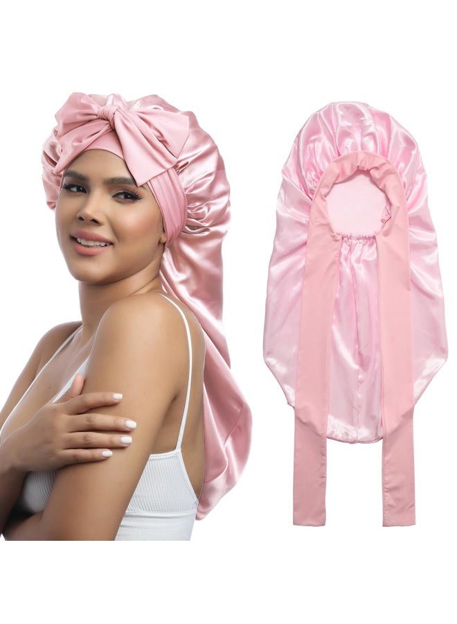 AWAYTR Long Satin Bonnet for Women - Double Layer Elastic Silk Bonnet for Braids Hair Sleeping Cap with Tie Band (Pink) - Image 1