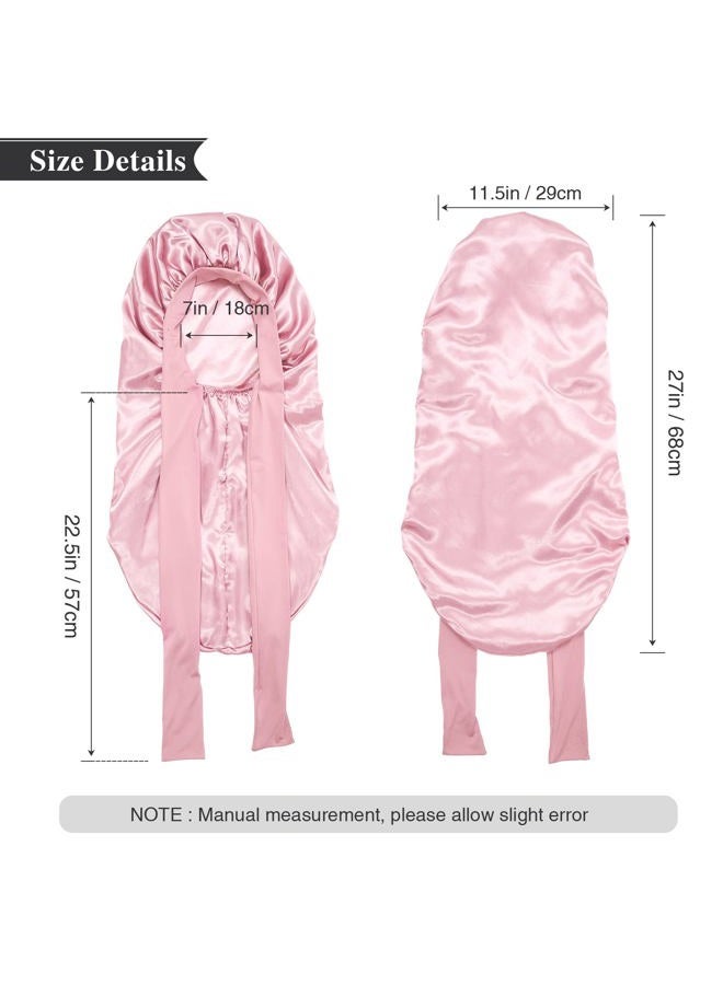 AWAYTR Long Satin Bonnet for Women - Double Layer Elastic Silk Bonnet for Braids Hair Sleeping Cap with Tie Band (Pink) - Image 2