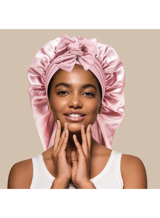 AWAYTR Long Satin Bonnet for Women - Double Layer Elastic Silk Bonnet for Braids Hair Sleeping Cap with Tie Band (Pink) - Image 4