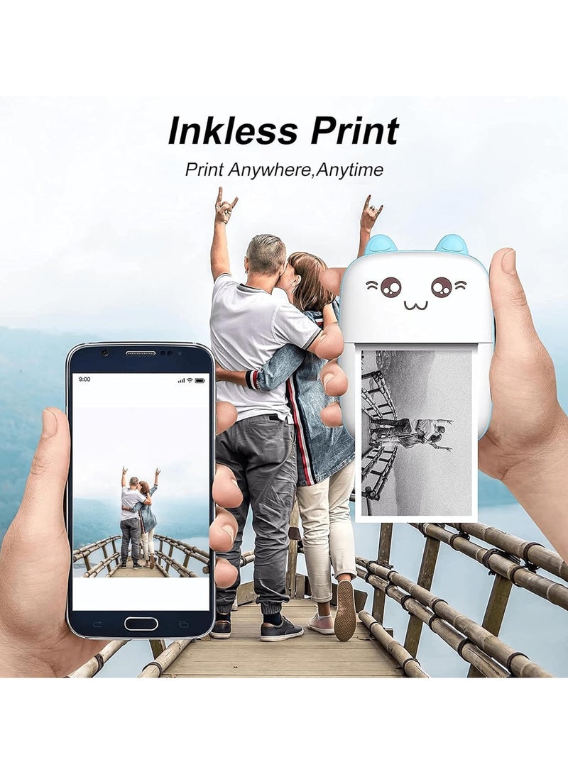 Mini Portable Printer, Inkless Label Printer, Mini Wireless Bluetooth Thermal Printer Compatible with iOS + Android for Magazines, Diaries, Photos, Capsule Printing Gifts for Girls and Kids (Blue)