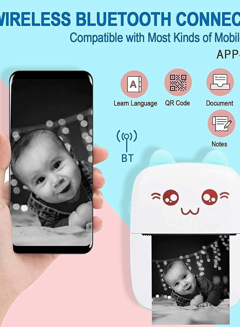 Mini Portable Printer, Inkless Label Printer, Mini Wireless Bluetooth Thermal Printer Compatible with iOS + Android for Magazines, Diaries, Photos, Capsule Printing Gifts for Girls and Kids (Blue)